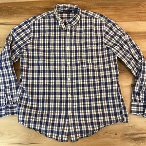 Lands End Shirt Mens Large Blue White Plaid Button Down Twill 16-16.5 Cotton